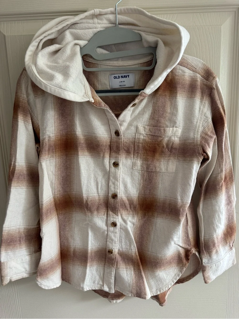 Old Navy Cream & Brown Plaid Hooded Button-Down Shirt